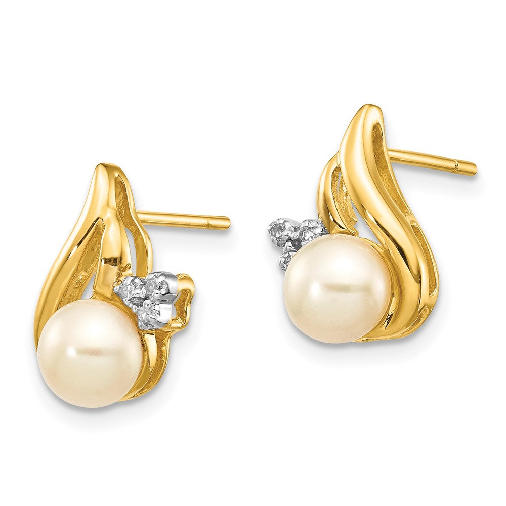 14K Yellow & Rhodium And 5 6mm Button Fwc Pearl .02Ct Diamond Post Earrings