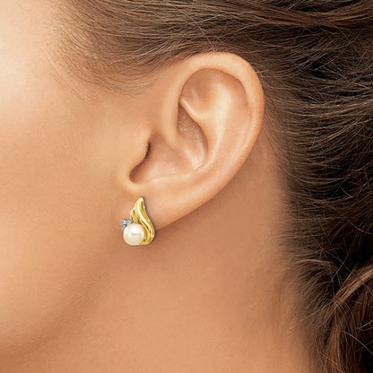 14K Yellow & Rhodium And 5 6mm Button Fwc Pearl .02Ct Diamond Post Earrings