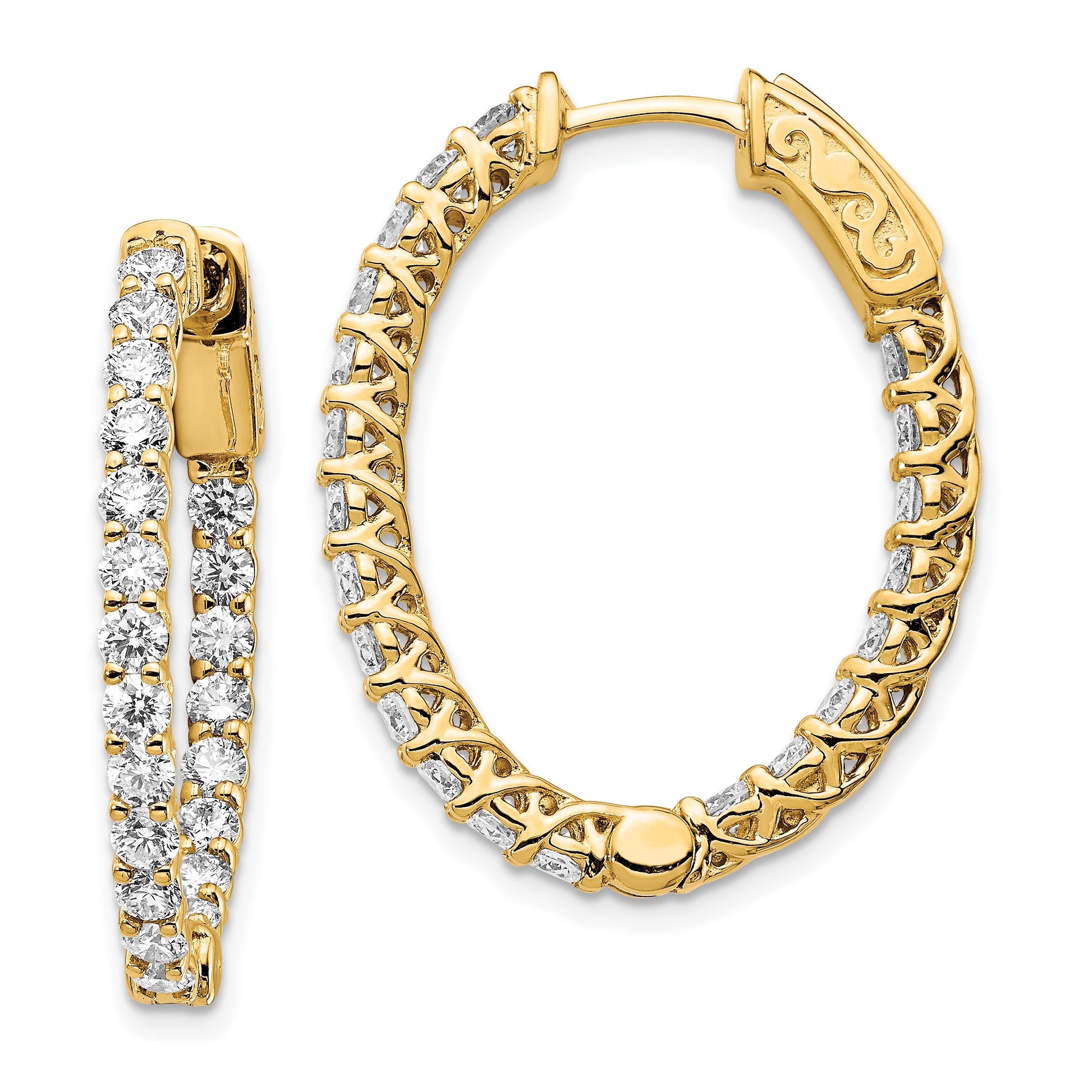 14k Yellow Gold White 2 1/2 Ct. Lab Grown Diamond VS/SI+ G+ Oval In and Out Safety Clasp Hoop Earrings