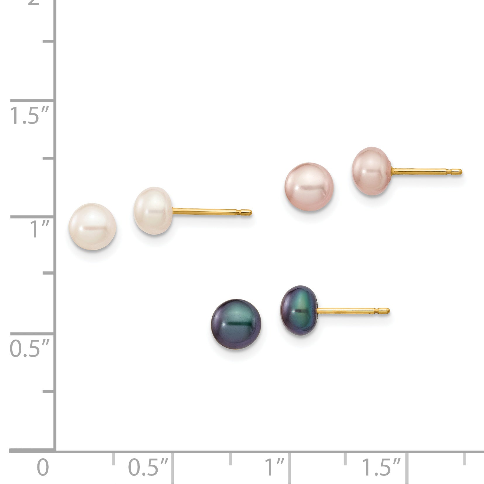 14K Yellow Gold 5 6mm Multicolor Button Freshwater Cultured Pearl Boxed 3 Pair Post Earrings Set