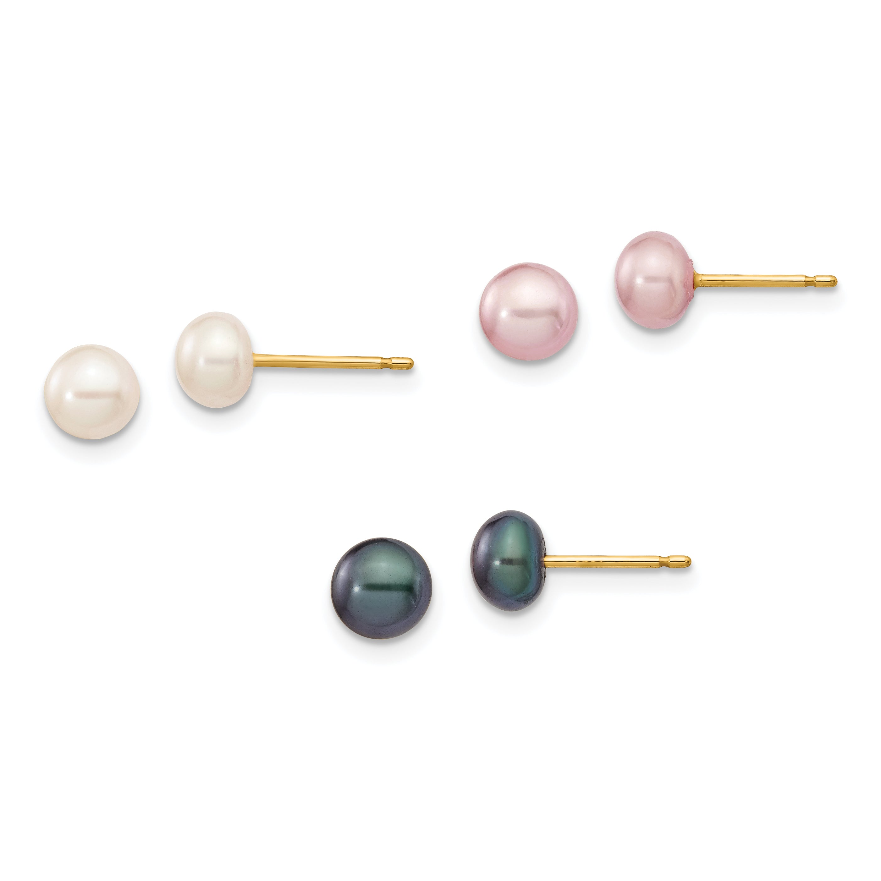 14K Yellow Gold 5 6mm Multicolor Button Freshwater Cultured Pearl Boxed 3 Pair Post Earrings Set