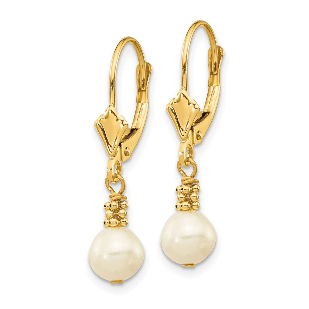 14K Yellow Gold 5 6mm White Semi Round Freshwater Cultured Pearl Dangle Leverback Earrings