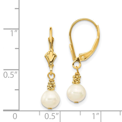 14K Yellow Gold 5 6mm White Semi Round Freshwater Cultured Pearl Dangle Leverback Earrings