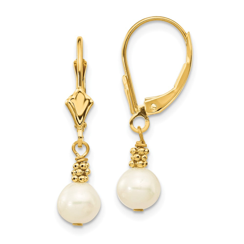 14K Yellow Gold 5 6mm White Semi Round Freshwater Cultured Pearl Dangle Leverback Earrings