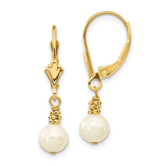 14K Yellow Gold 5 6mm White Semi Round Freshwater Cultured Pearl Dangle Leverback Earrings