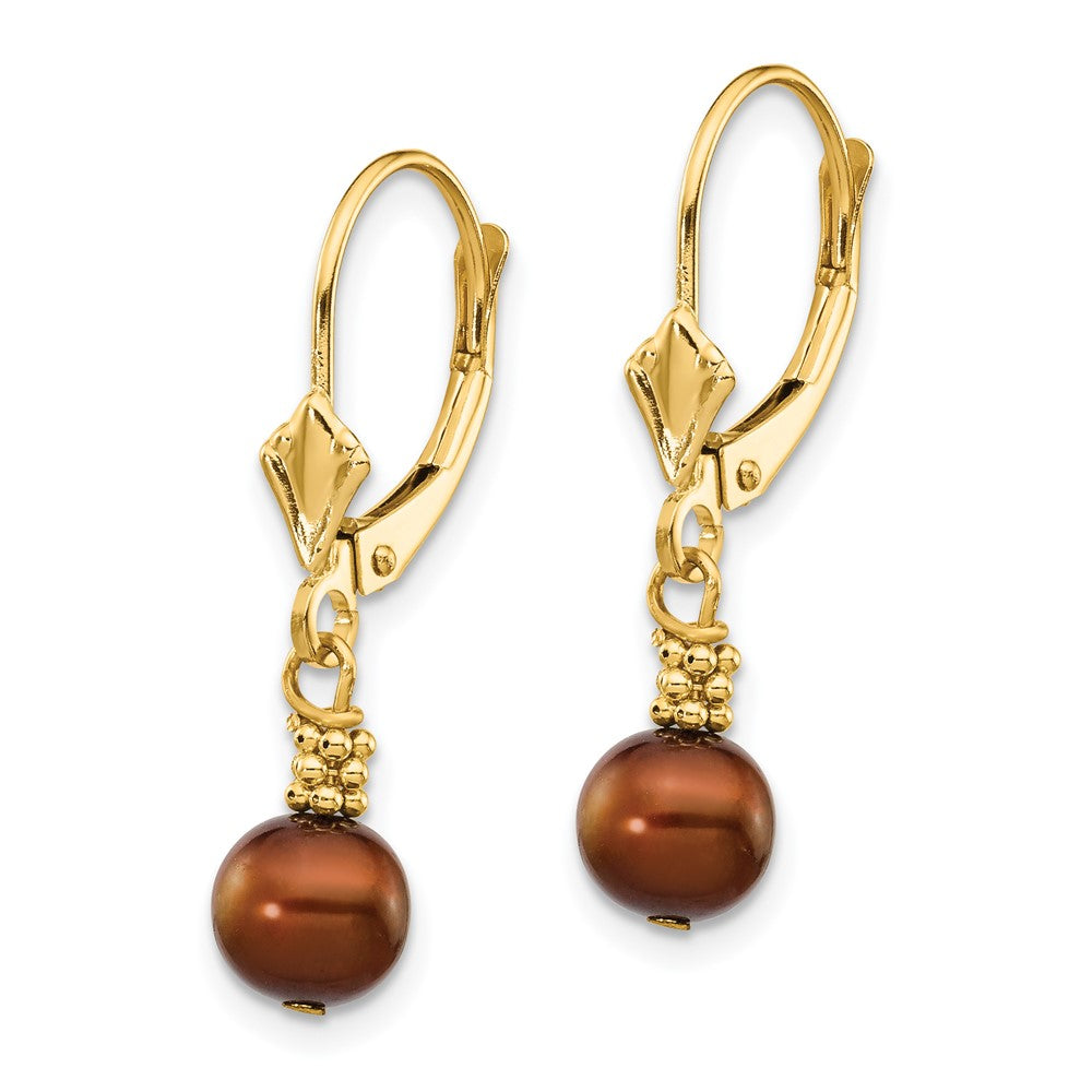 14K Yellow Gold 5 6mm Brown Semi Round Freshwater Cultured Pearl Dangle Leverback Earrings