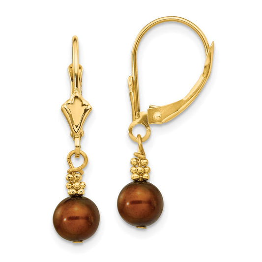 14K Yellow Gold 5 6mm Brown Semi Round Freshwater Cultured Pearl Dangle Leverback Earrings