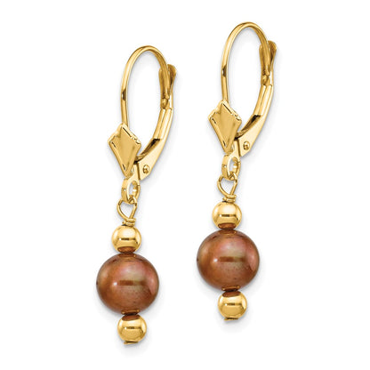 14K Yellow Gold 5 6mm Brown Semi Round Freshwater Cultured Pearl Dangle Leverback Earrings