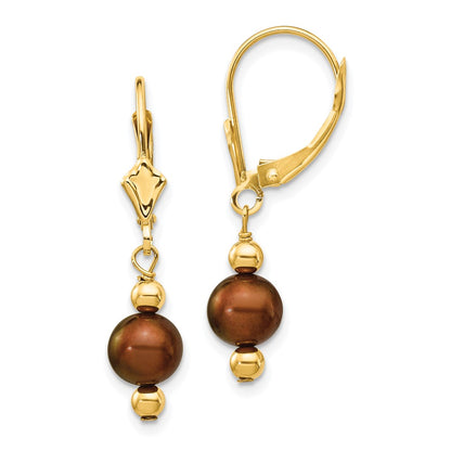 14K Yellow Gold 5 6mm Brown Semi Round Freshwater Cultured Pearl Dangle Leverback Earrings