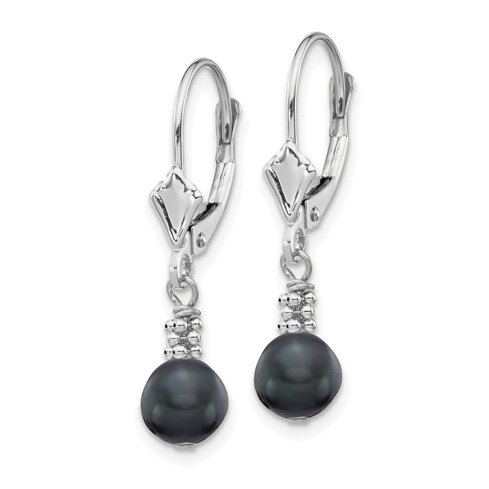 14K White Gold 5 6mm Black Semi Round Freshwater Cultured Pearl Dangle Leverback Earrings