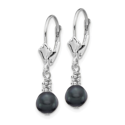 14K White Gold 5 6mm Black Semi Round Freshwater Cultured Pearl Dangle Leverback Earrings