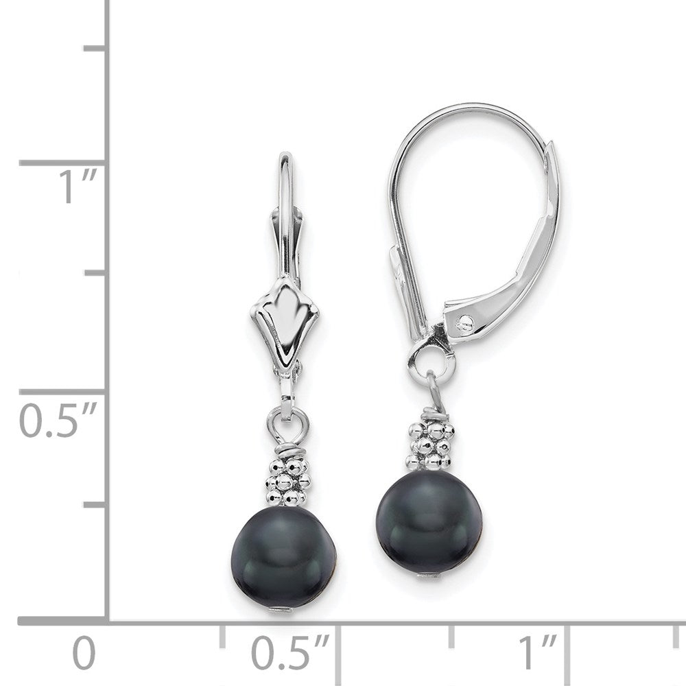 14K White Gold 5 6mm Black Semi Round Freshwater Cultured Pearl Dangle Leverback Earrings