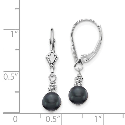 14K White Gold 5 6mm Black Semi Round Freshwater Cultured Pearl Dangle Leverback Earrings