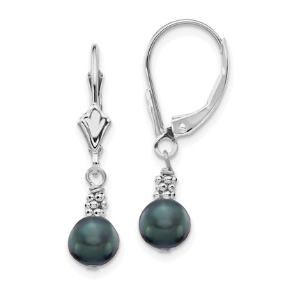 14K White Gold 5 6mm Black Semi Round Freshwater Cultured Pearl Dangle Leverback Earrings
