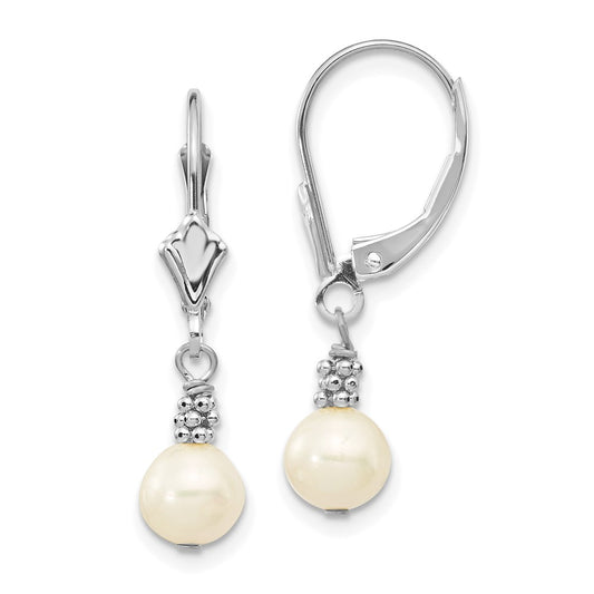 14K White Gold 5 6mm Semi Round Freshwater Cultured Pearl Dangle Leverback Earrings