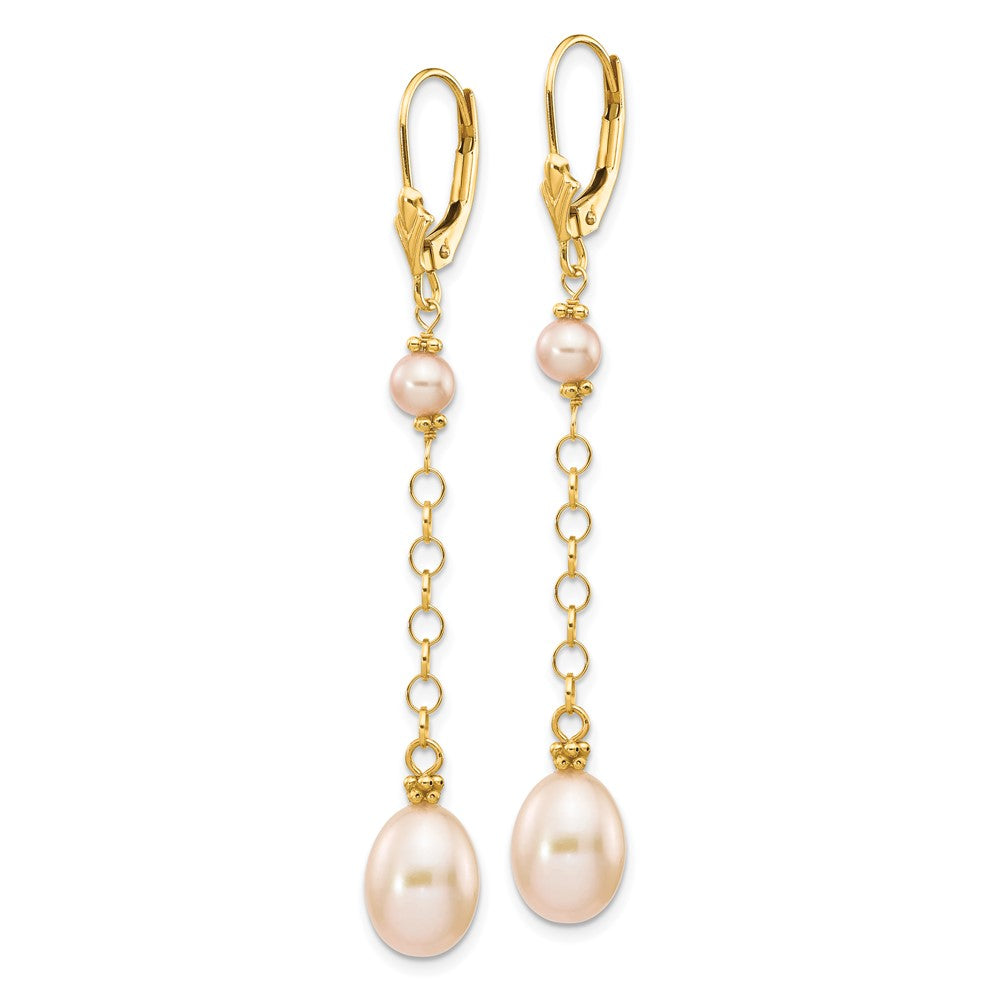 14K Yellow Gold 5 8mm Pink Rice And Semi Round Freshwater Cultured Pearl Dangle Leverback Earrings