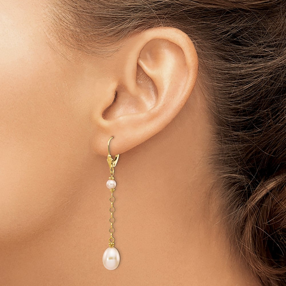 14K Yellow Gold 5 8mm Pink Rice And Semi Round Freshwater Cultured Pearl Dangle Leverback Earrings