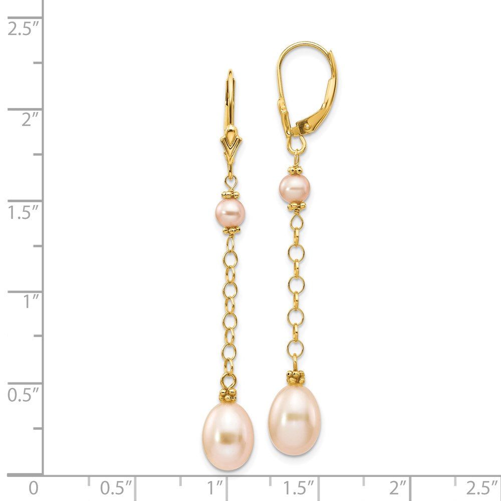 14K Yellow Gold 5 8mm Pink Rice And Semi Round Freshwater Cultured Pearl Dangle Leverback Earrings