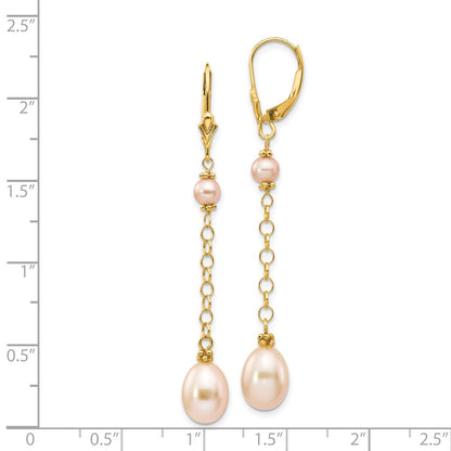 14K Yellow Gold 5 8mm Pink Rice And Semi Round Freshwater Cultured Pearl Dangle Leverback Earrings