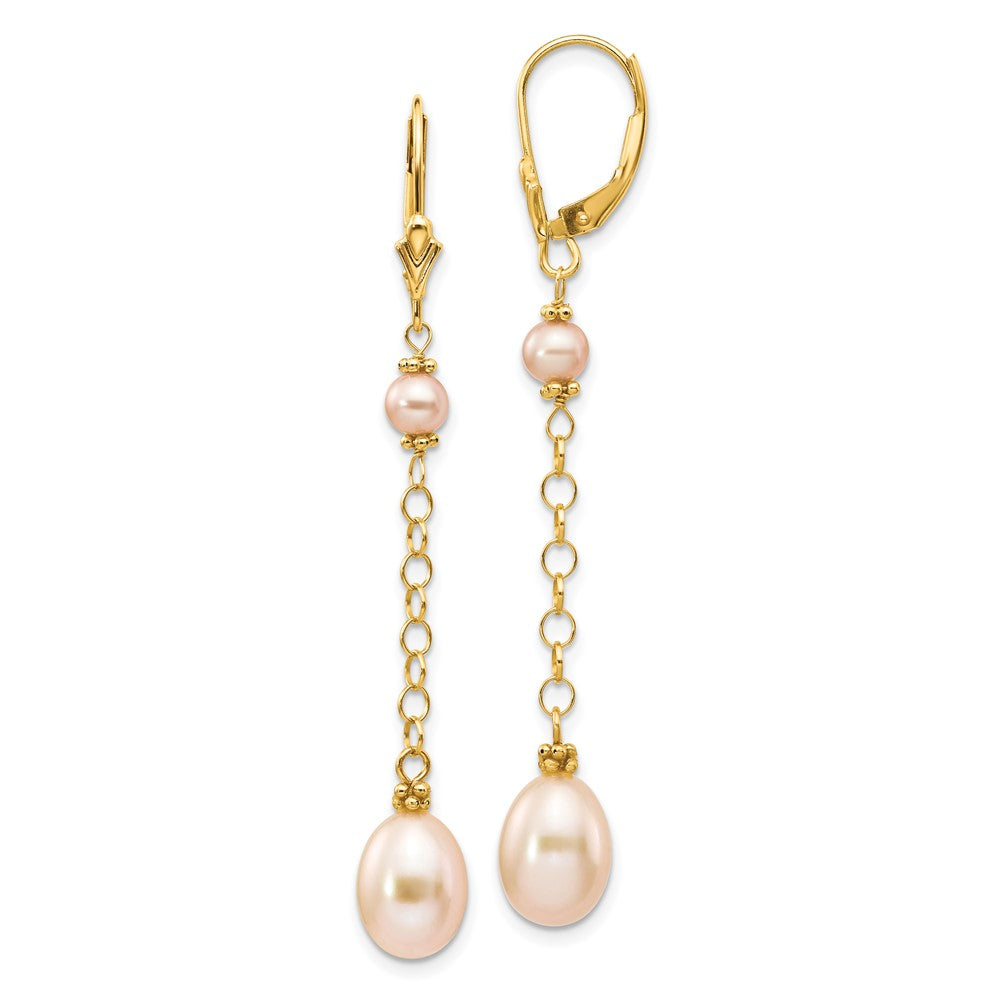 14K Yellow Gold 5 8mm Pink Rice And Semi Round Freshwater Cultured Pearl Dangle Leverback Earrings