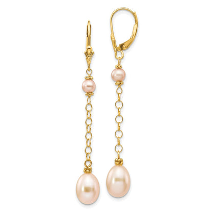 14K Yellow Gold 5 8mm Pink Rice And Semi Round Freshwater Cultured Pearl Dangle Leverback Earrings