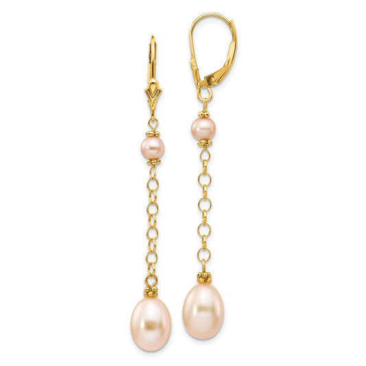 14K Yellow Gold 5 8mm Pink Rice And Semi Round Freshwater Cultured Pearl Dangle Leverback Earrings