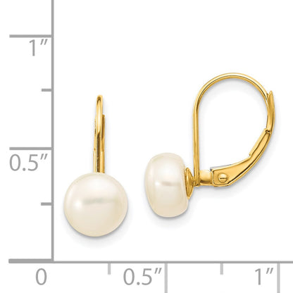14K Yellow Gold 7 8mm White Button Freshwater Cultured Pearl Leverback Earrings
