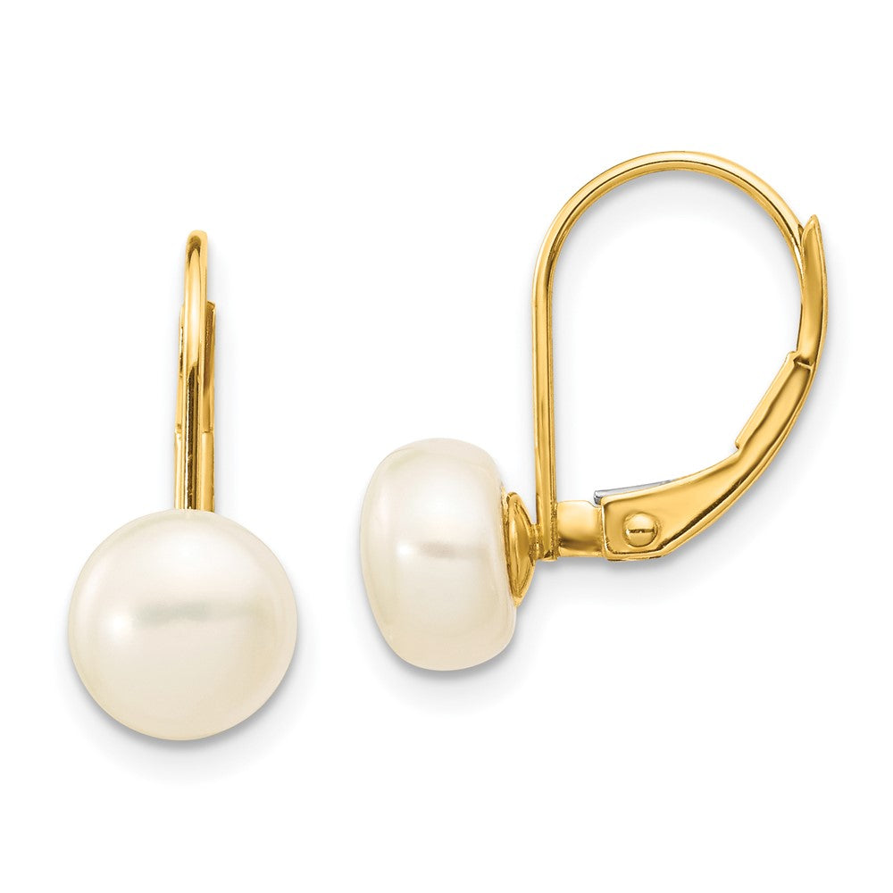 14K Yellow Gold 7 8mm White Button Freshwater Cultured Pearl Leverback Earrings