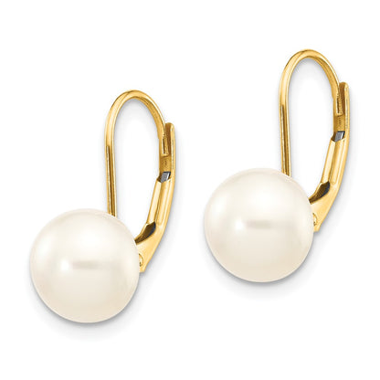 14K Yellow Gold 8 9mm White Button Freshwater Cultured Pearl Leverback Earrings