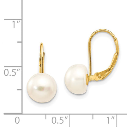 14K Yellow Gold 8 9mm White Button Freshwater Cultured Pearl Leverback Earrings
