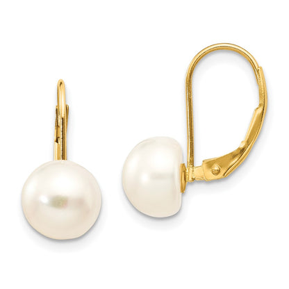 14K Yellow Gold 8 9mm White Button Freshwater Cultured Pearl Leverback Earrings