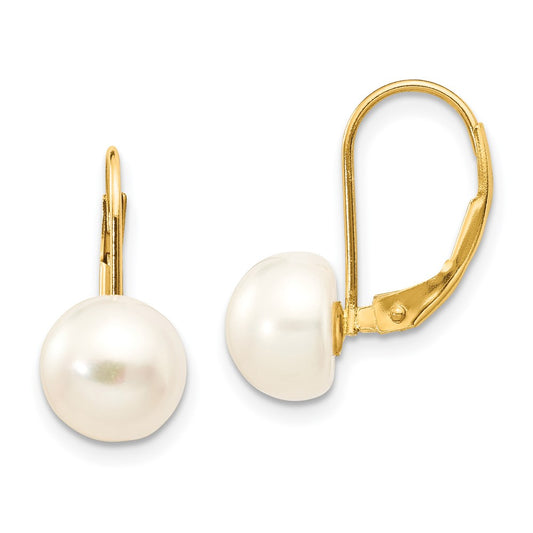 14K Yellow Gold 8 9mm White Button Freshwater Cultured Pearl Leverback Earrings