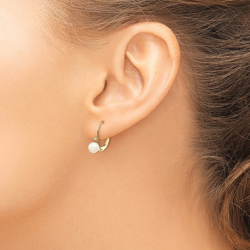 14K Yellow Gold 5 6mm White Round Freshwater Cultured Pearl And .02 Carat Diamond Leverback Earrings