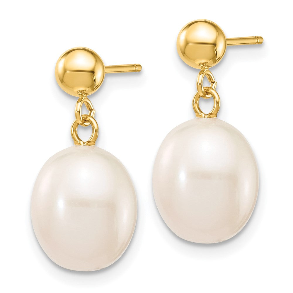 14K Yellow Gold 8 9mm White Rice Freshwater Cultured Pearl Post Dangle Earrings