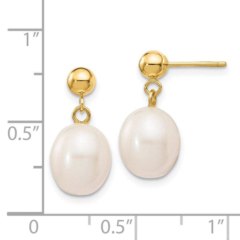 14K Yellow Gold 8 9mm White Rice Freshwater Cultured Pearl Post Dangle Earrings