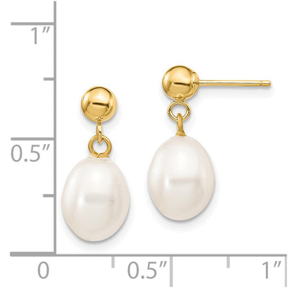 14K Yellow Gold 7 8mm White Rice Freshwater Cultured Pearl Post Dangle Earrings