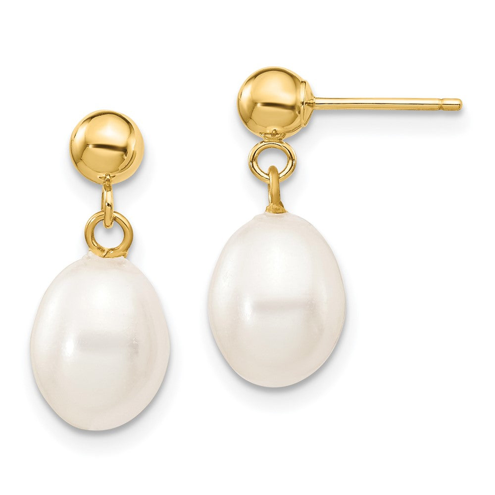 14K Yellow Gold 7 8mm White Rice Freshwater Cultured Pearl Post Dangle Earrings