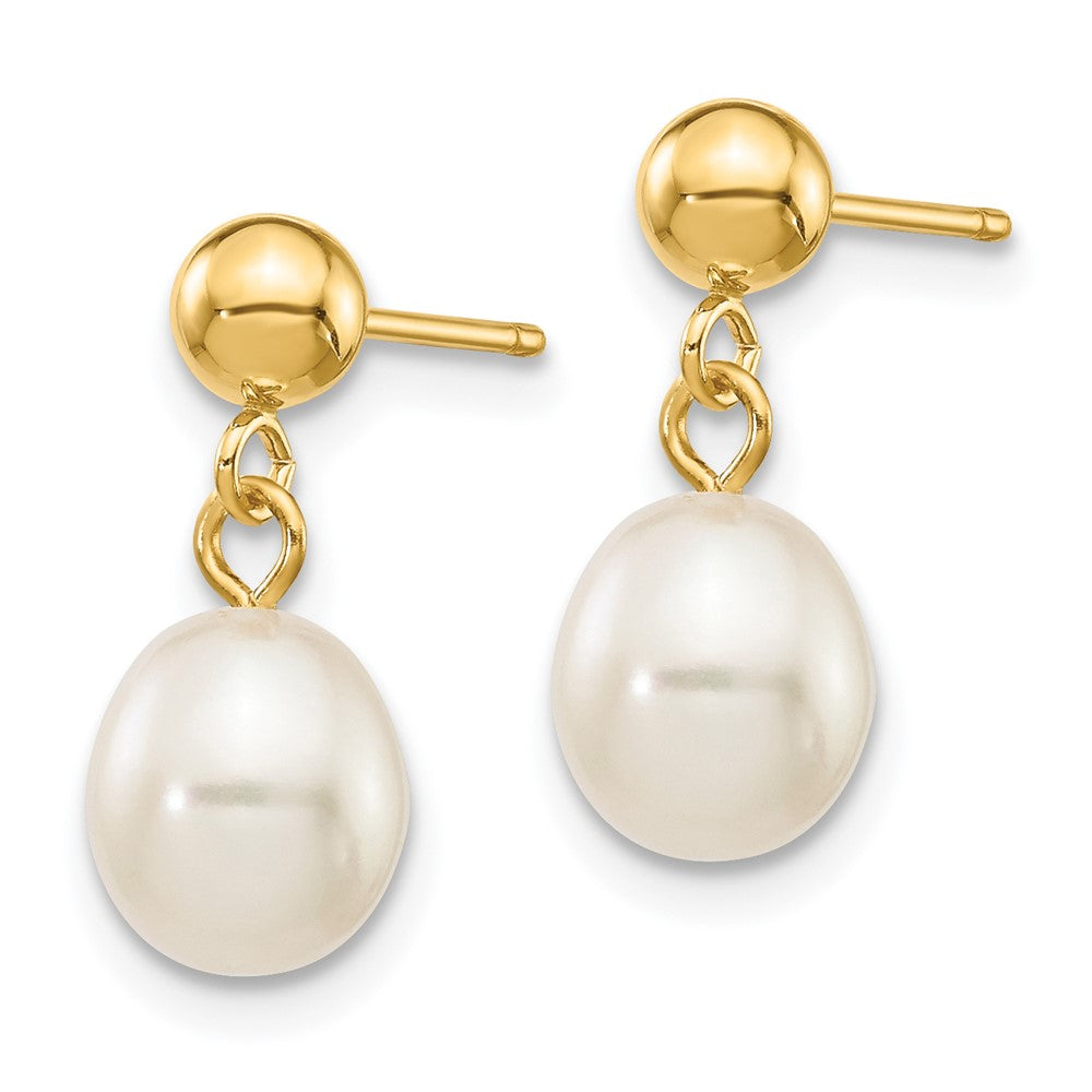 14K Yellow Gold 6 7mm White Rice Freshwater Cultured Pearl Post Dangle Earrings