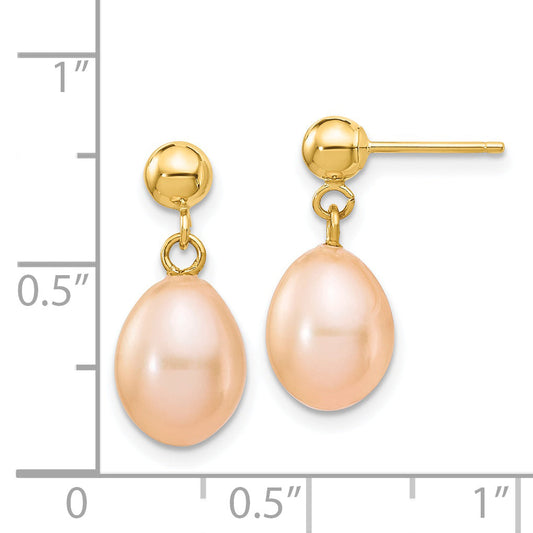 14K Yellow Gold 7 8mm Pink Rice Freshwater Cultured Pearl Post Dangle Earrings