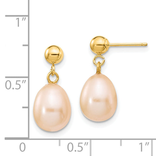 14K Yellow Gold 8 9mm Pink Rice Freshwater Cultured Pearl Post Dangle Earrings
