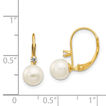 14K Yellow Gold 6 7mm White Round Freshwater Cultured Pearl And .06 Carat Diamond Leverback Earrings