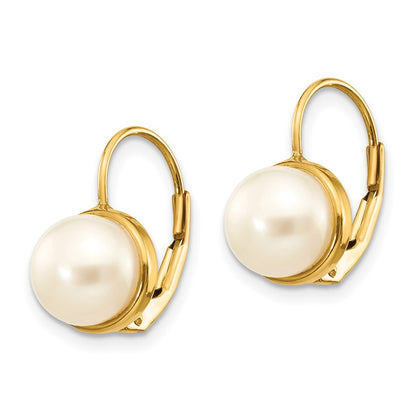 14K Yellow Gold 6 7mm White Button Freshwater Cultured Pearl Leverback Earrings
