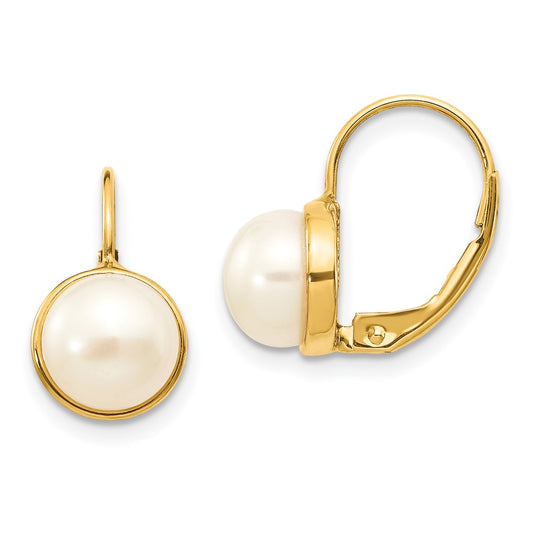 14K Yellow Gold 6 7mm White Button Freshwater Cultured Pearl Leverback Earrings