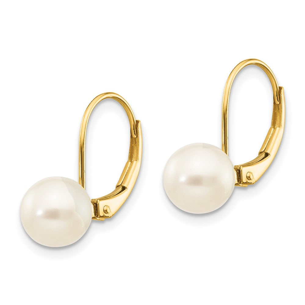 14K Yellow Gold 7 8mm White Round Freshwater Cultured Pearl Leverback Earrings