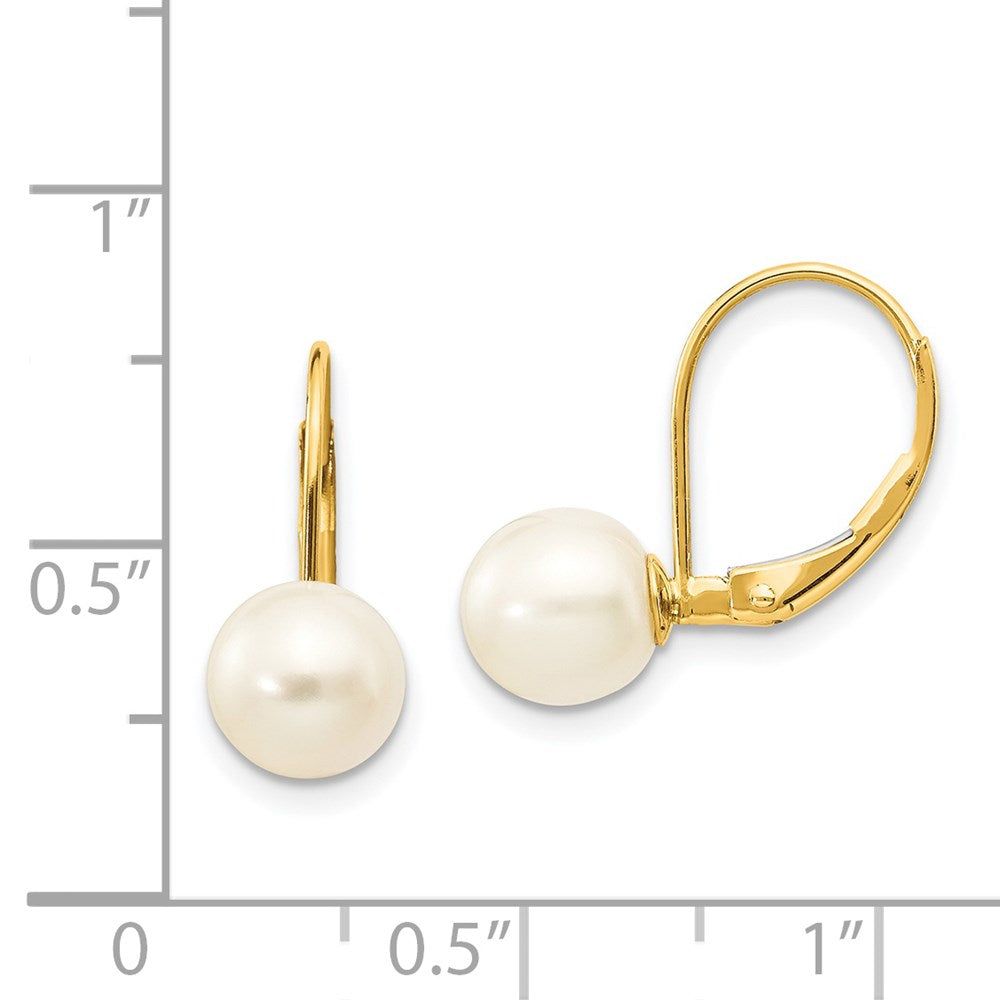 14K Yellow Gold 7 8mm White Round Freshwater Cultured Pearl Leverback Earrings