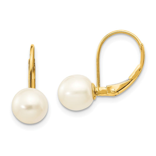 14K Yellow Gold 7 8mm White Round Freshwater Cultured Pearl Leverback Earrings