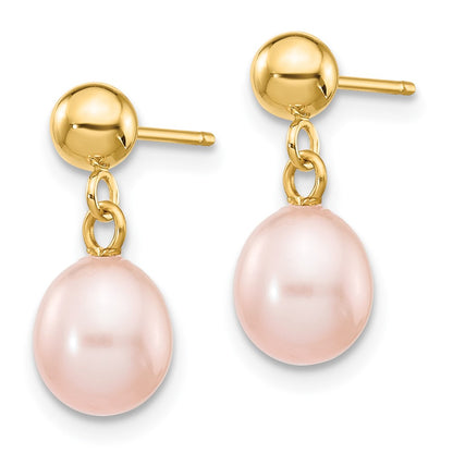 14K Yellow Gold 6 7mm Pink Rice Freshwater Cultured Pearl Post Dangle Earrings