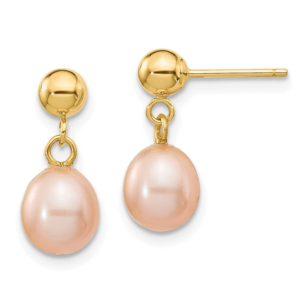 14K Yellow Gold 6 7mm Pink Rice Freshwater Cultured Pearl Post Dangle Earrings