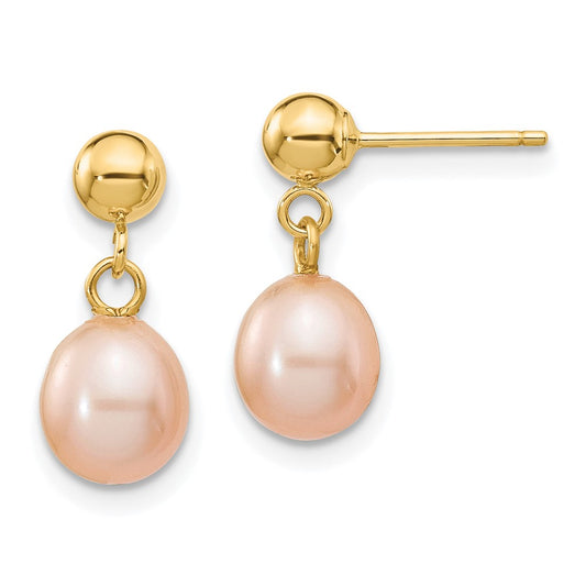 14K Yellow Gold 6 7mm Pink Rice Freshwater Cultured Pearl Post Dangle Earrings