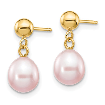 14K Yellow Gold 6 7mm Purple Rice Freshwater Cultured Pearl Post Dangle Earrings